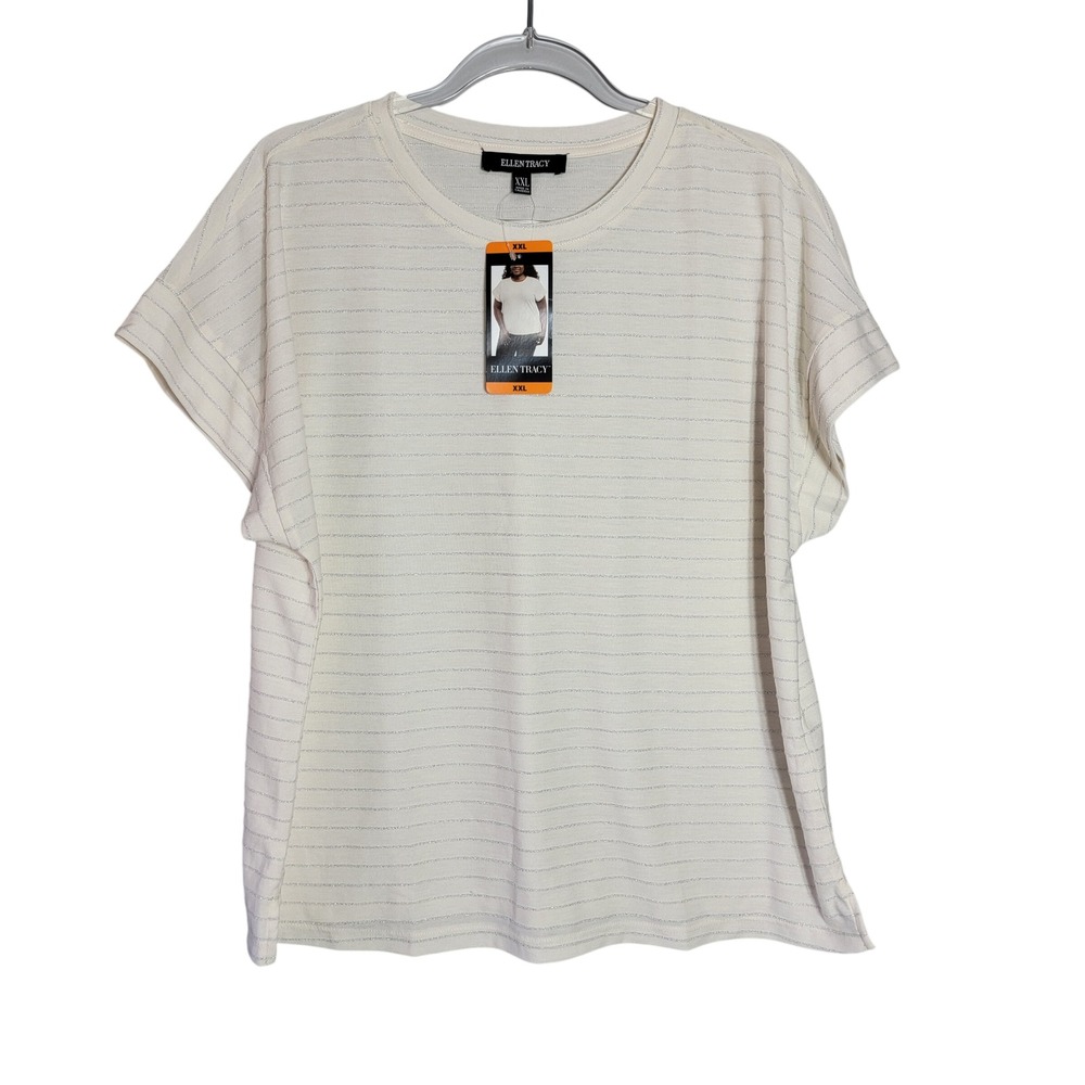 ELLEN TRACY Womens Cream Top Plus Size XXL Metallic Striped Knit T Shirt